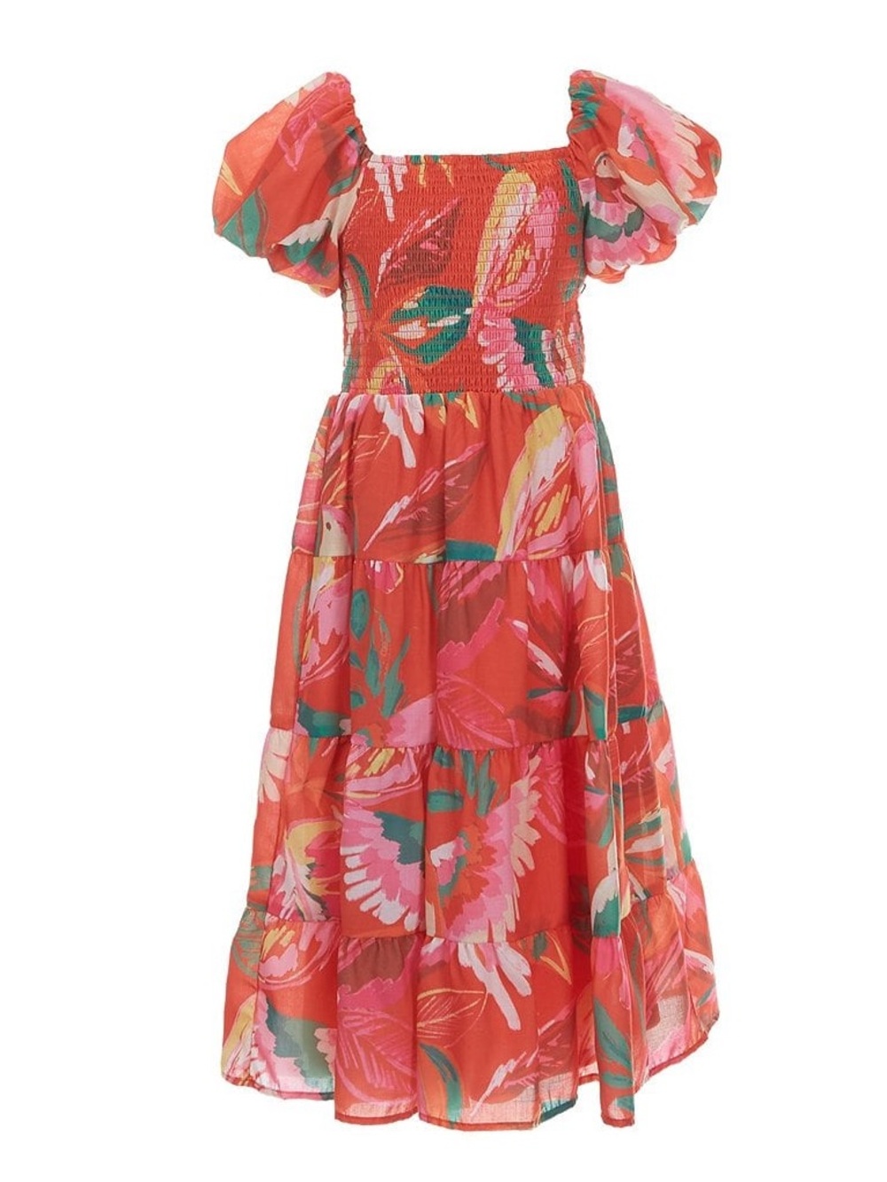 Women's Red Floral Tiered Puff-Sleeve Dress